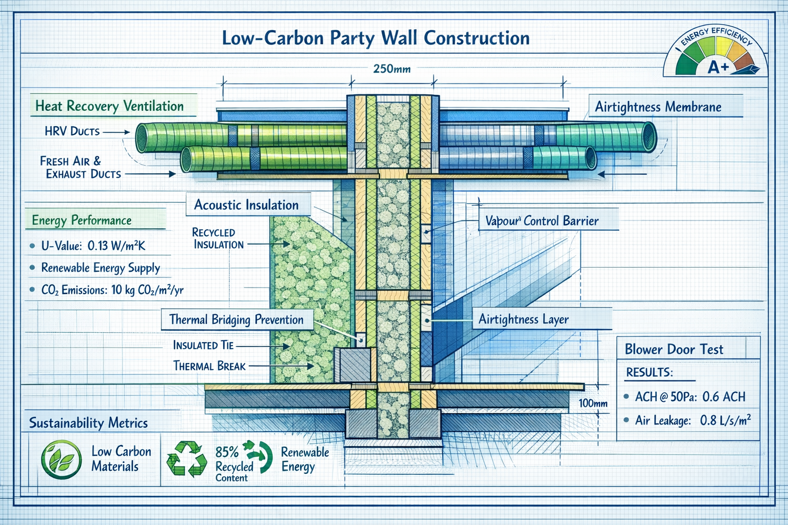 Detailed () image showing close-up cross-section diagram of modern party wall construction with labeled low-carbon