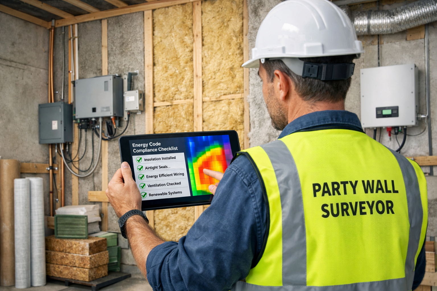 () image depicting professional party wall surveyor in high-visibility vest conducting inspection at construction site,