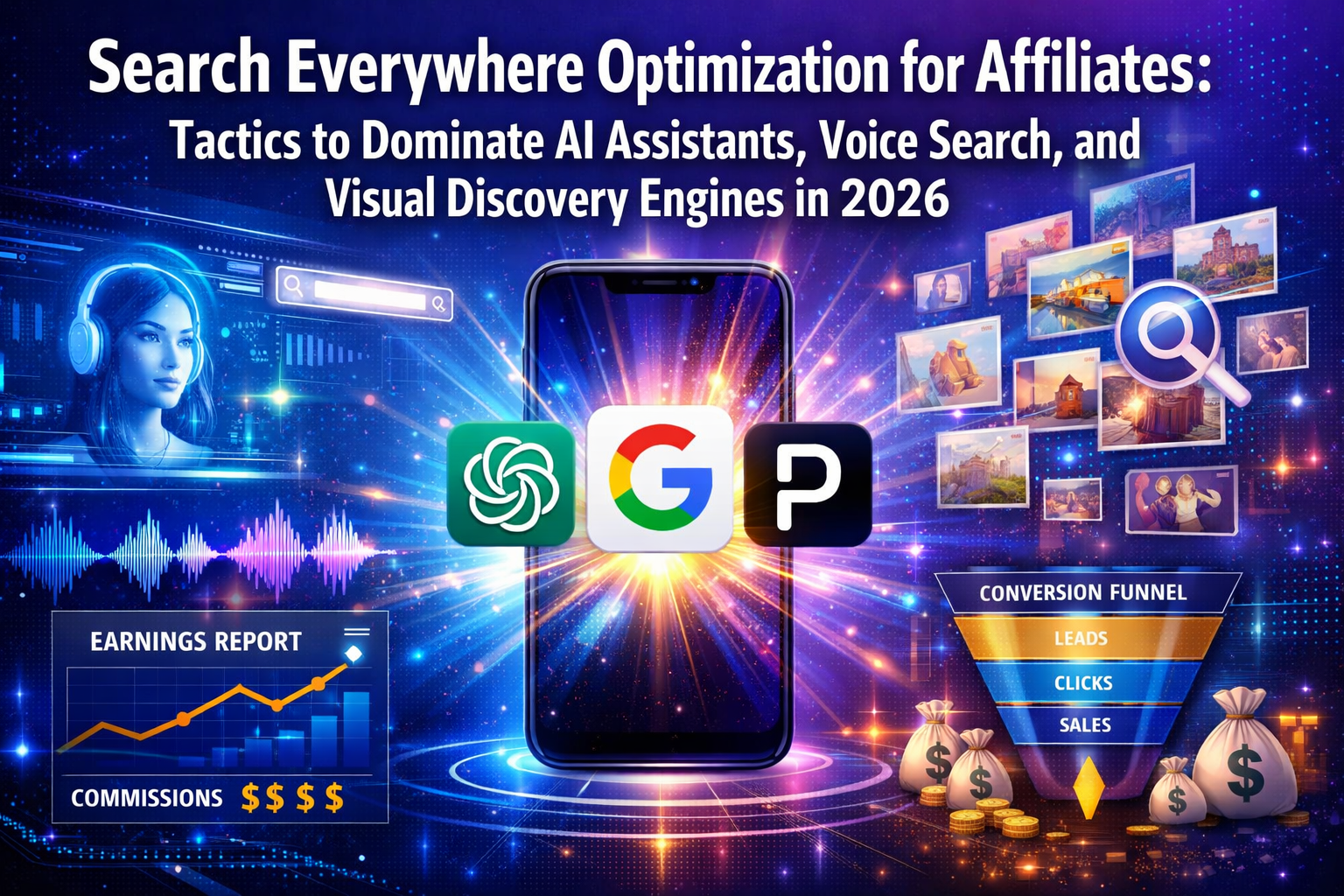 Professional () hero image with 'Search Everywhere Optimization for Affiliates: Tactics to Dominate AI Assistants, Voice