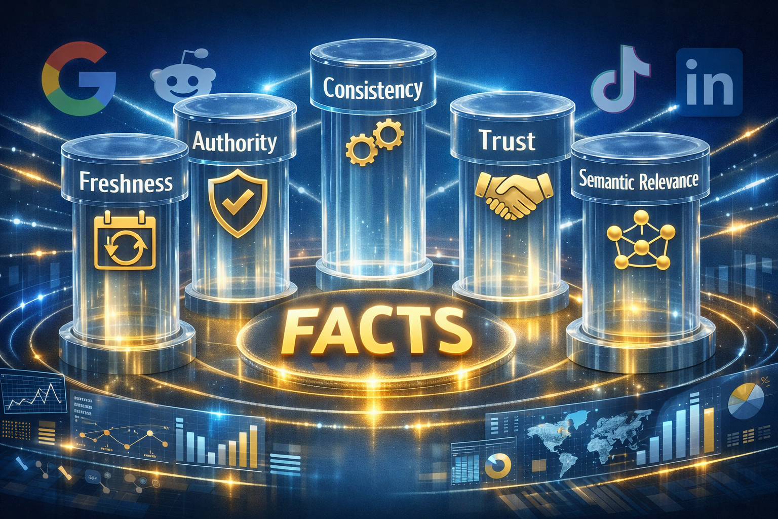 () detailed illustration showing the FACTS framework as five interconnected pillars arranged in a circular formation. Each