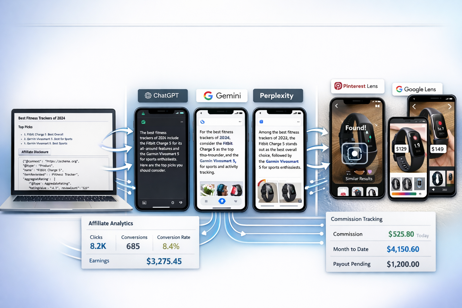 () split-screen composition showing affiliate content optimization across different AI platforms. Left third displays a