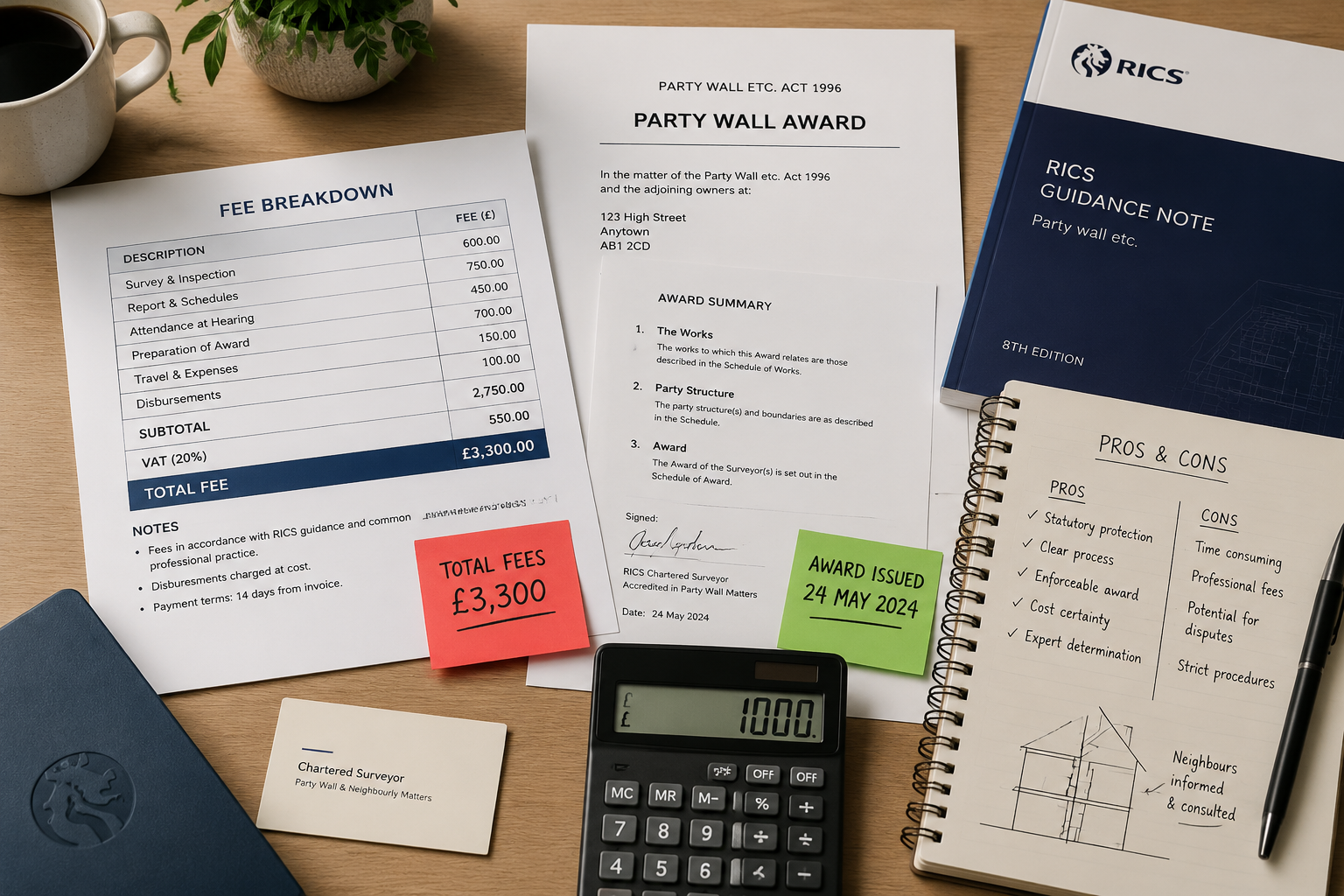 Flat-lay overhead shot of a professional surveyor's desk showing a detailed fee breakdown table, party wall award documents,