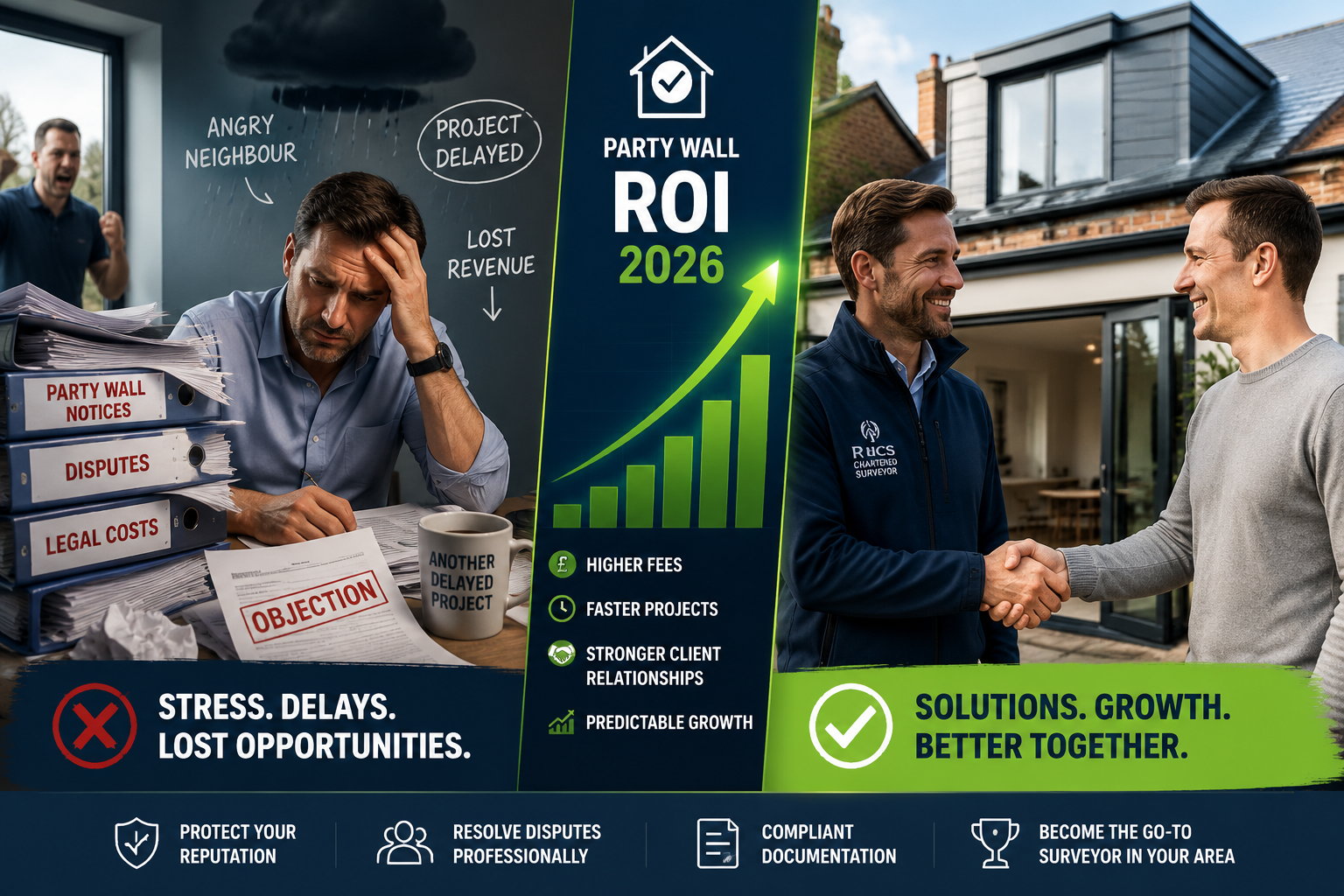 Dynamic split-panel infographic illustration showing two contrasting scenarios: left panel depicts a stressed surveyor
