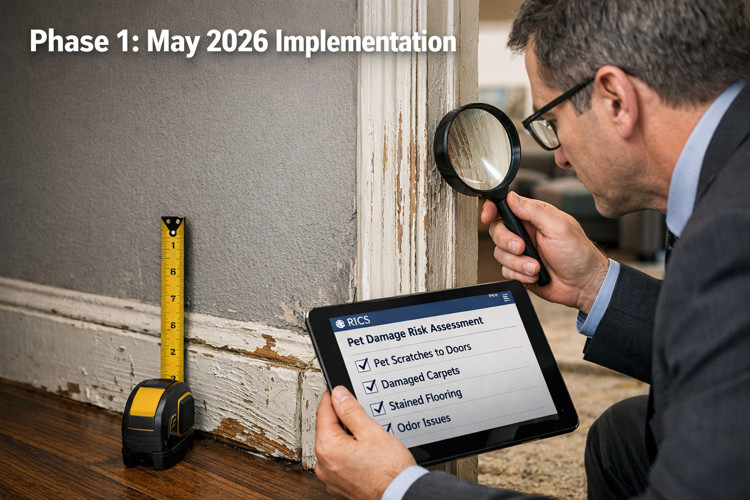 Detailed () image showing professional property surveyor in business attire examining rental property interior with