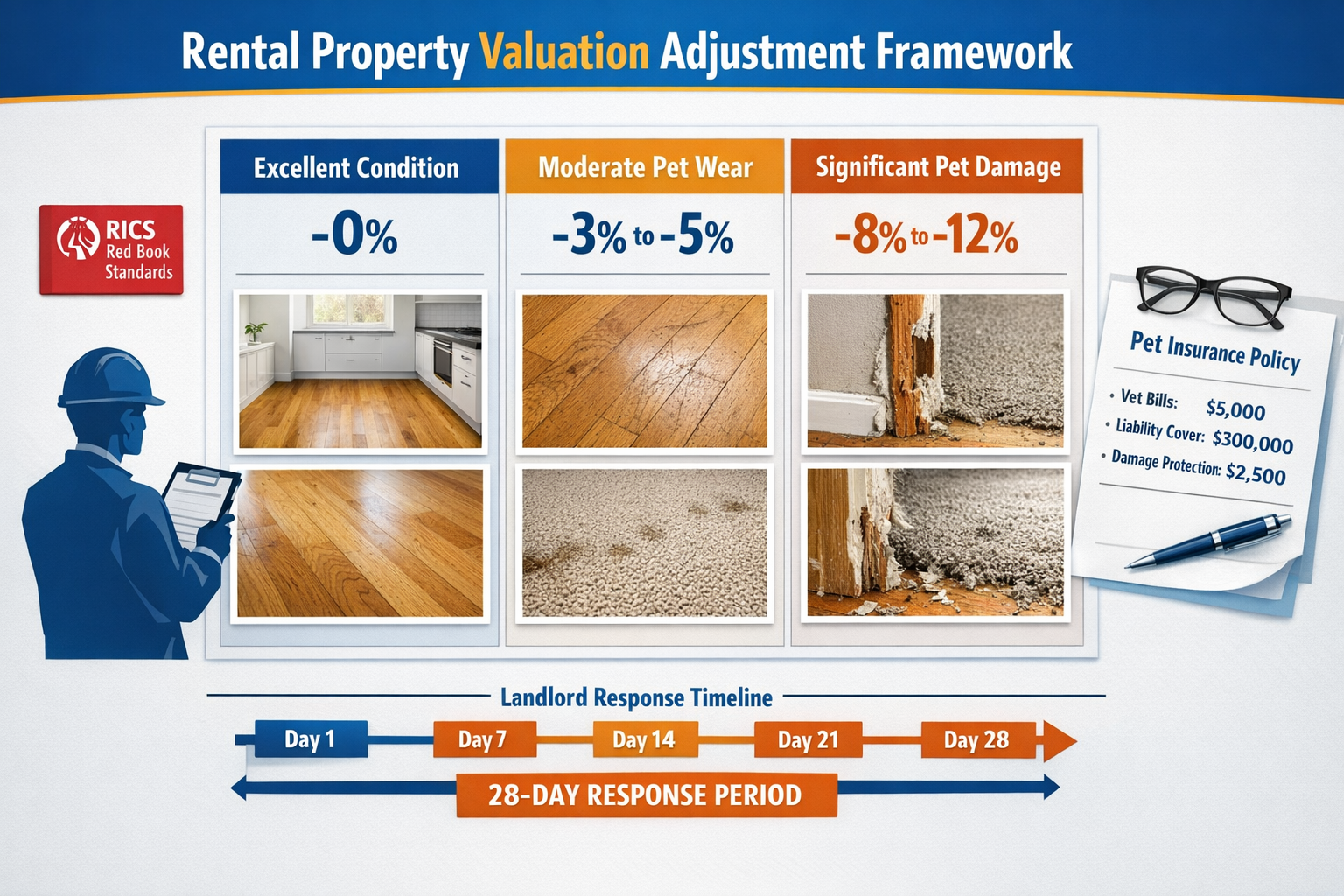 Detailed () infographic-style image displaying rental property valuation adjustment framework. Center shows three-column