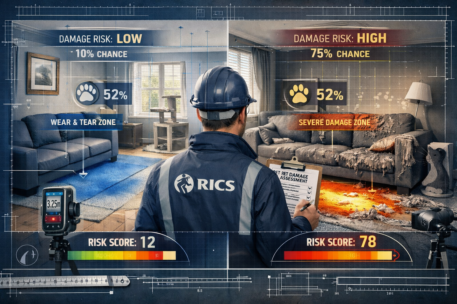 Professional editorial illustration depicting a RICS surveyor conducting a meticulous pet damage risk assessment in a rental
