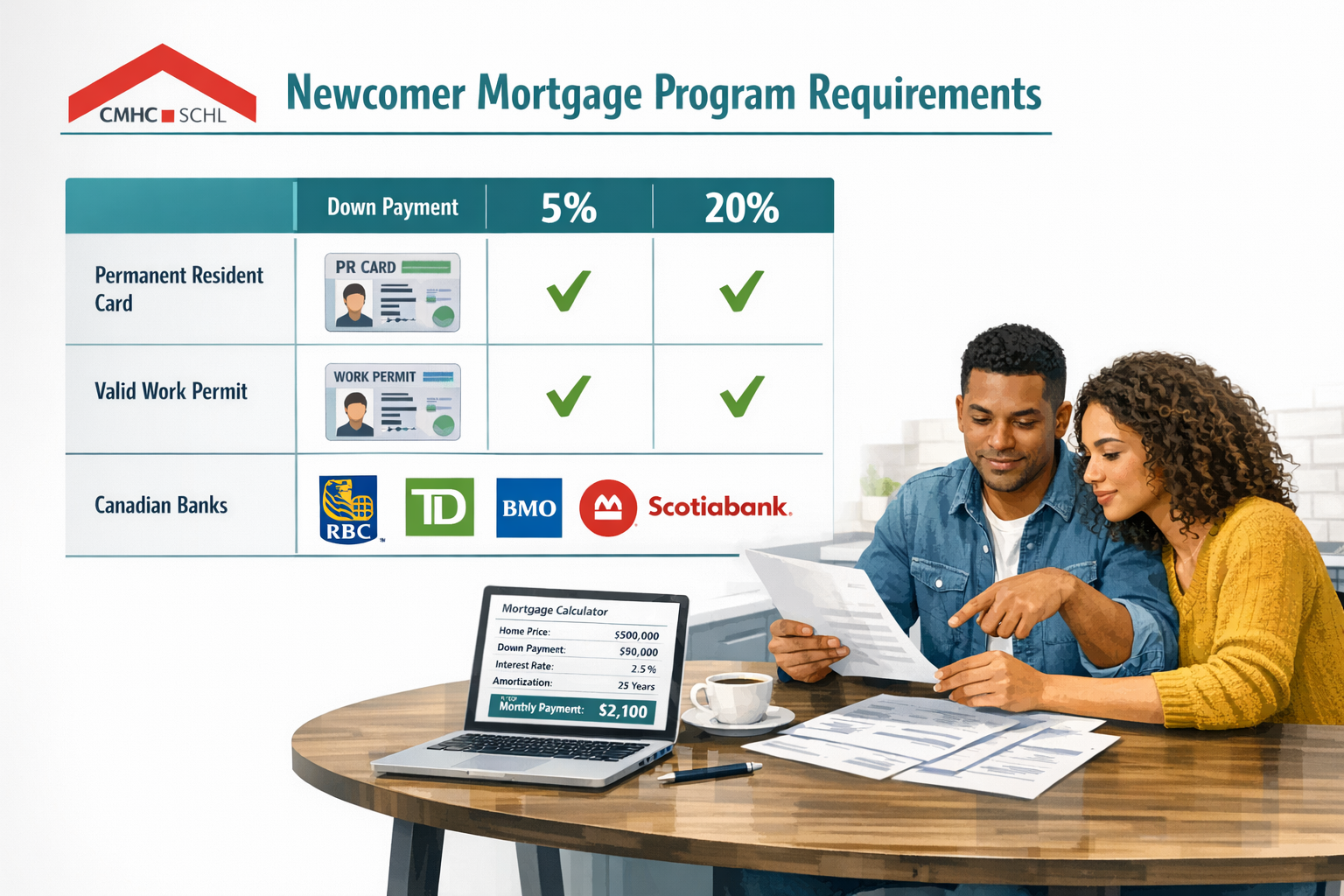 Professional () infographic-style illustration showing a side-by-side comparison table of newcomer mortgage program