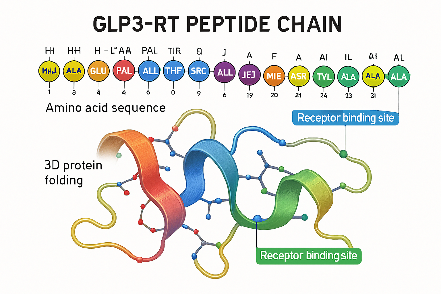 Detailed molecular structure visualization showing GLP3-RT peptide chain with amino acid sequences, 3D protein folding patterns, receptor bi