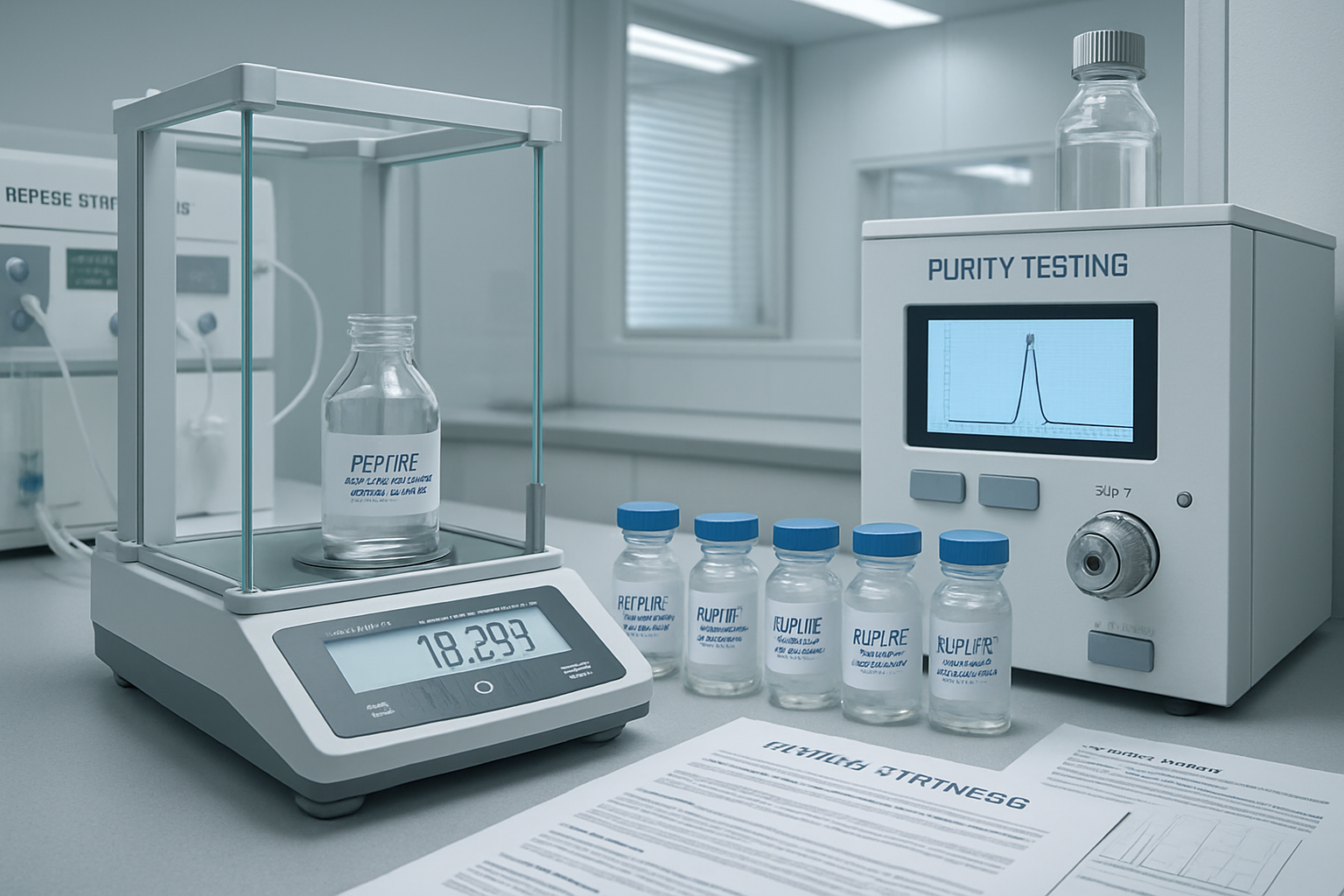Laboratory research setup showing peptide synthesis equipment, precision scales, sterile vials containing GLP3-RT samples, scientific docume