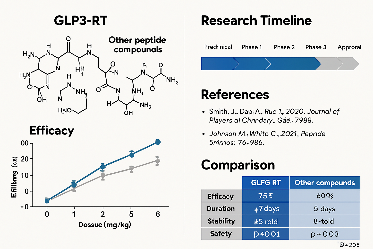 Comparative chart displaying GLP3-RT versus other peptide compounds, side-by-side molecular structures, efficacy data graphs, research timel