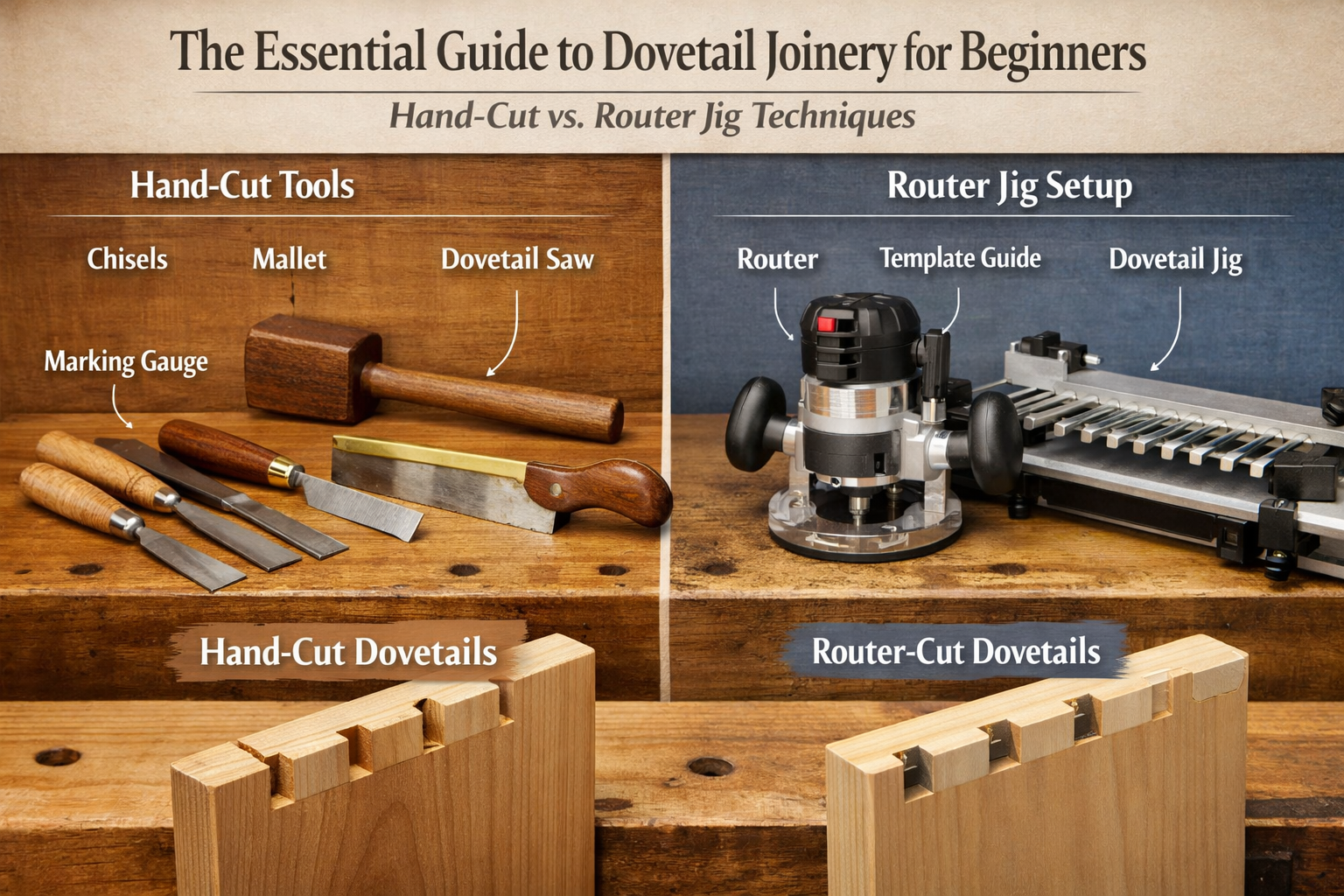 A detailed () image showing a side-by-side comparison of hand tools used for dovetail joinery (chisels, mallets, dovetail