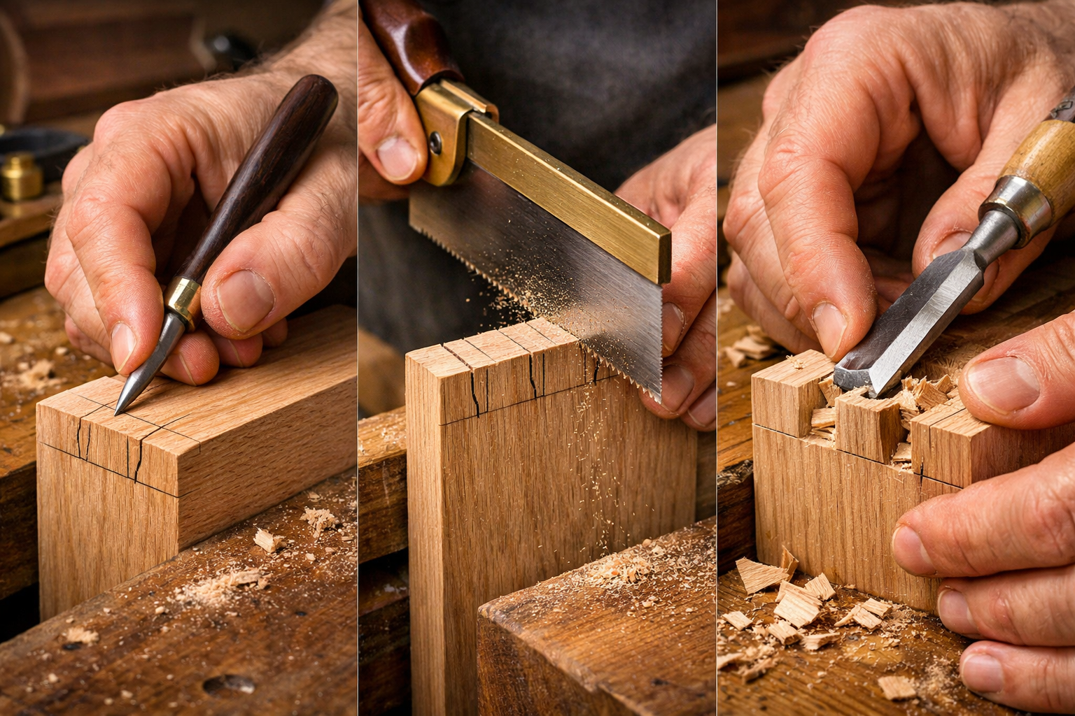 A close-up, detailed () image illustrating the step-by-step process of hand-cutting dovetail pins. The scene shows a