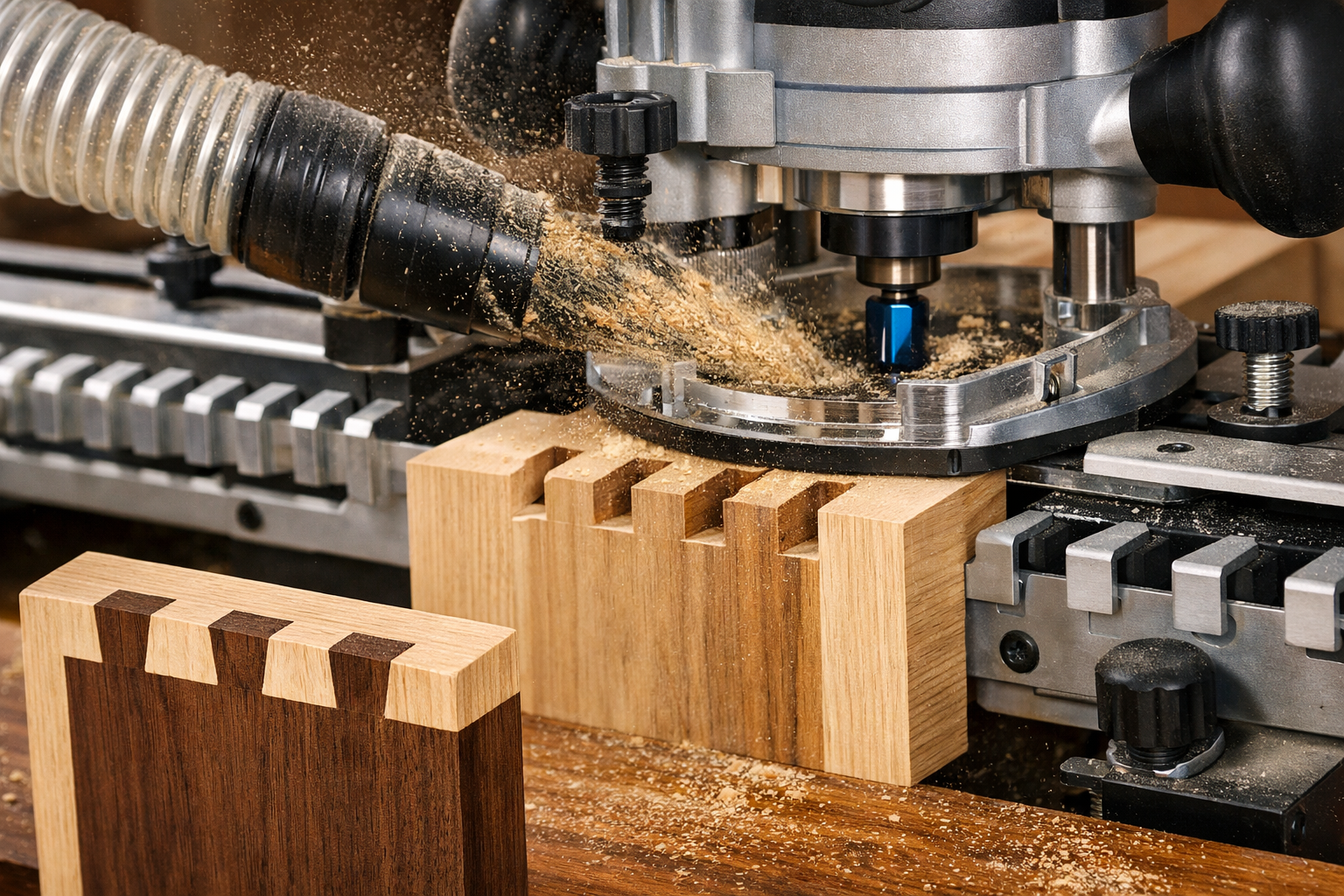 A dynamic () image showcasing the efficiency and precision of a router jig in action for cutting dovetails. The router is