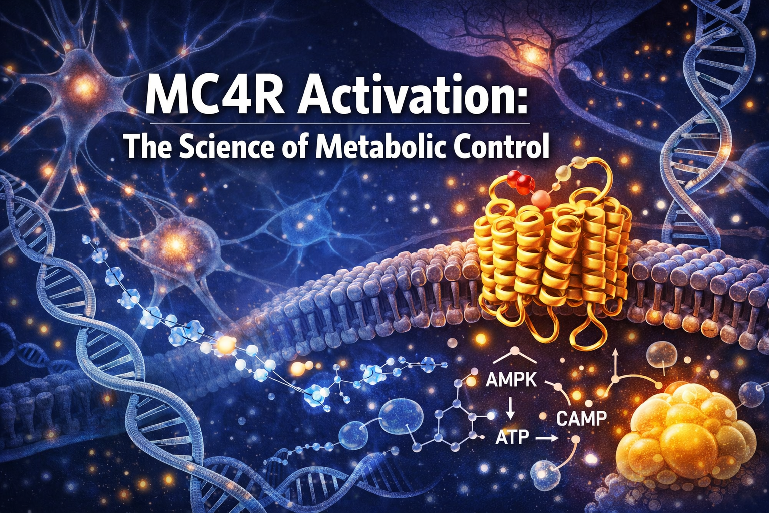 Professional landscape format (1536x1024) hero image featuring bold text overlay 'MC4R Activation: The Science of Metabolic Control' in extr