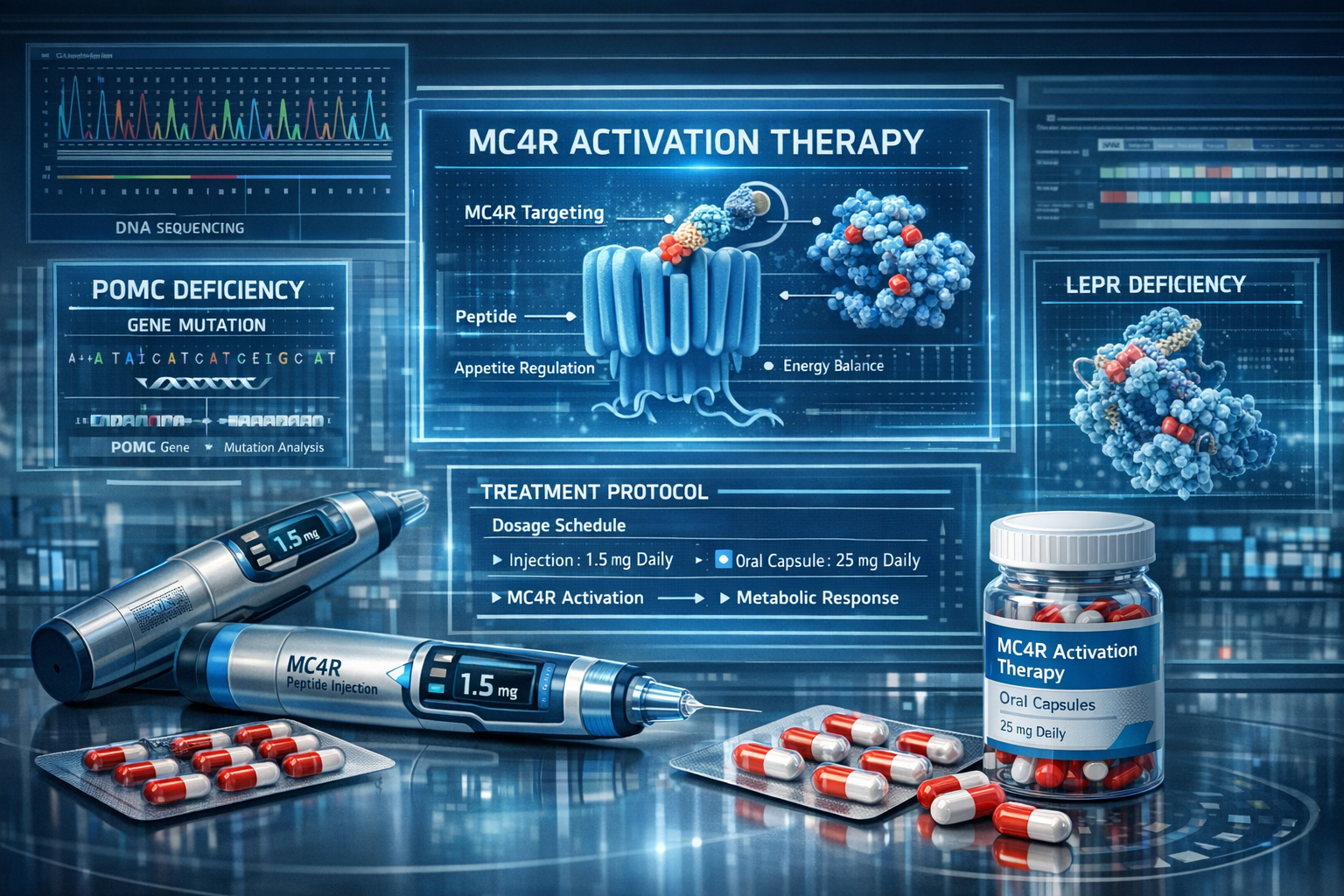 Detailed landscape format (1536x1024) futuristic medical concept showing next-generation MC4R activation therapies, with peptide injection d