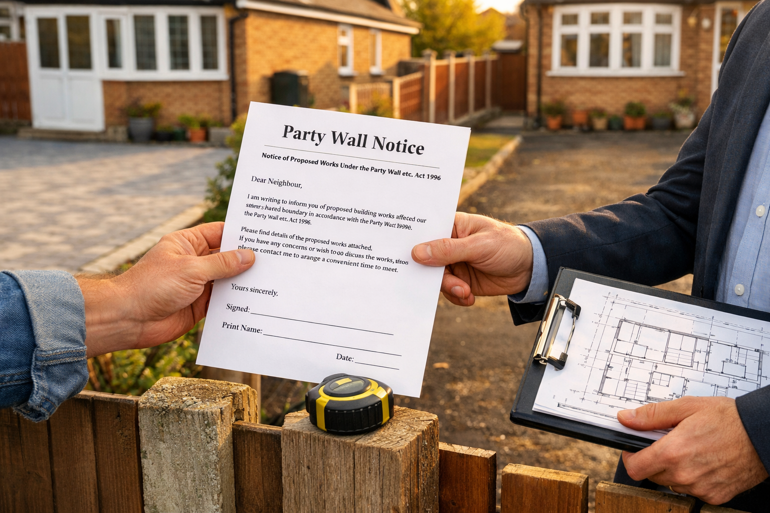 Detailed () image showing close-up of official Party Wall Notice document being handed between two neighbours at a shared