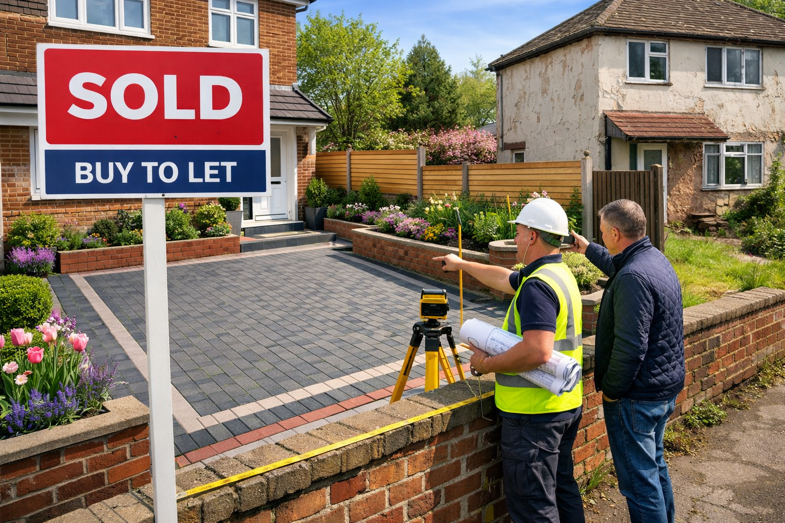 Wide-angle () image of modern UK residential property exterior showcasing kerb appeal improvements: new block-paved driveway