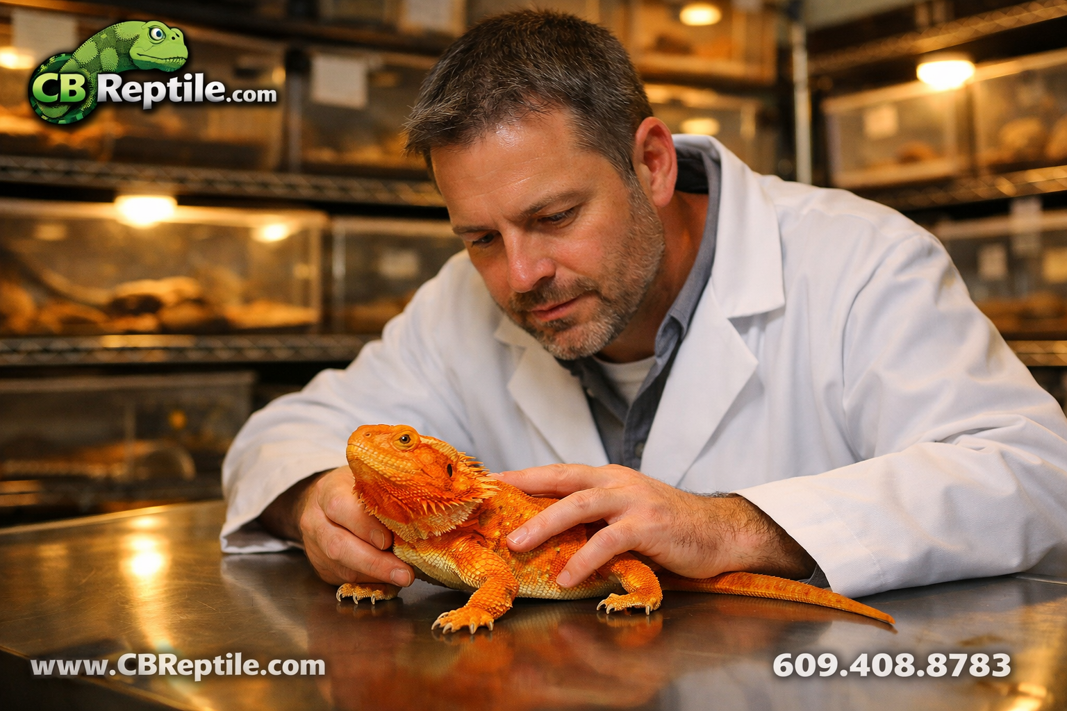 Detailed () showing a professional reptile breeder in a clean white lab coat examining a bright orange bearded dragon on a
