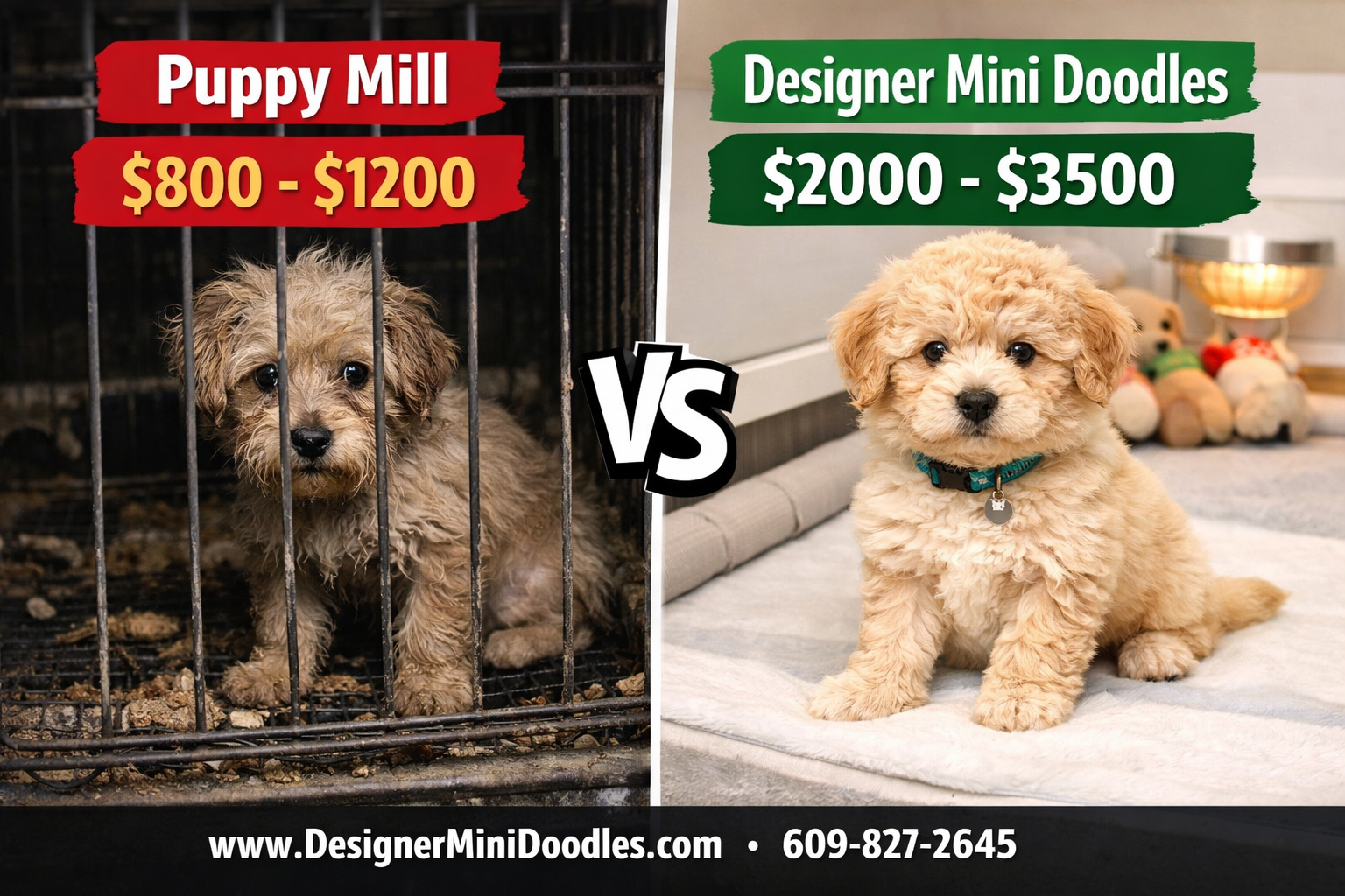 () editorial image showing a split comparison infographic: left side shows a scruffy, sad puppy in a dark cage labeled