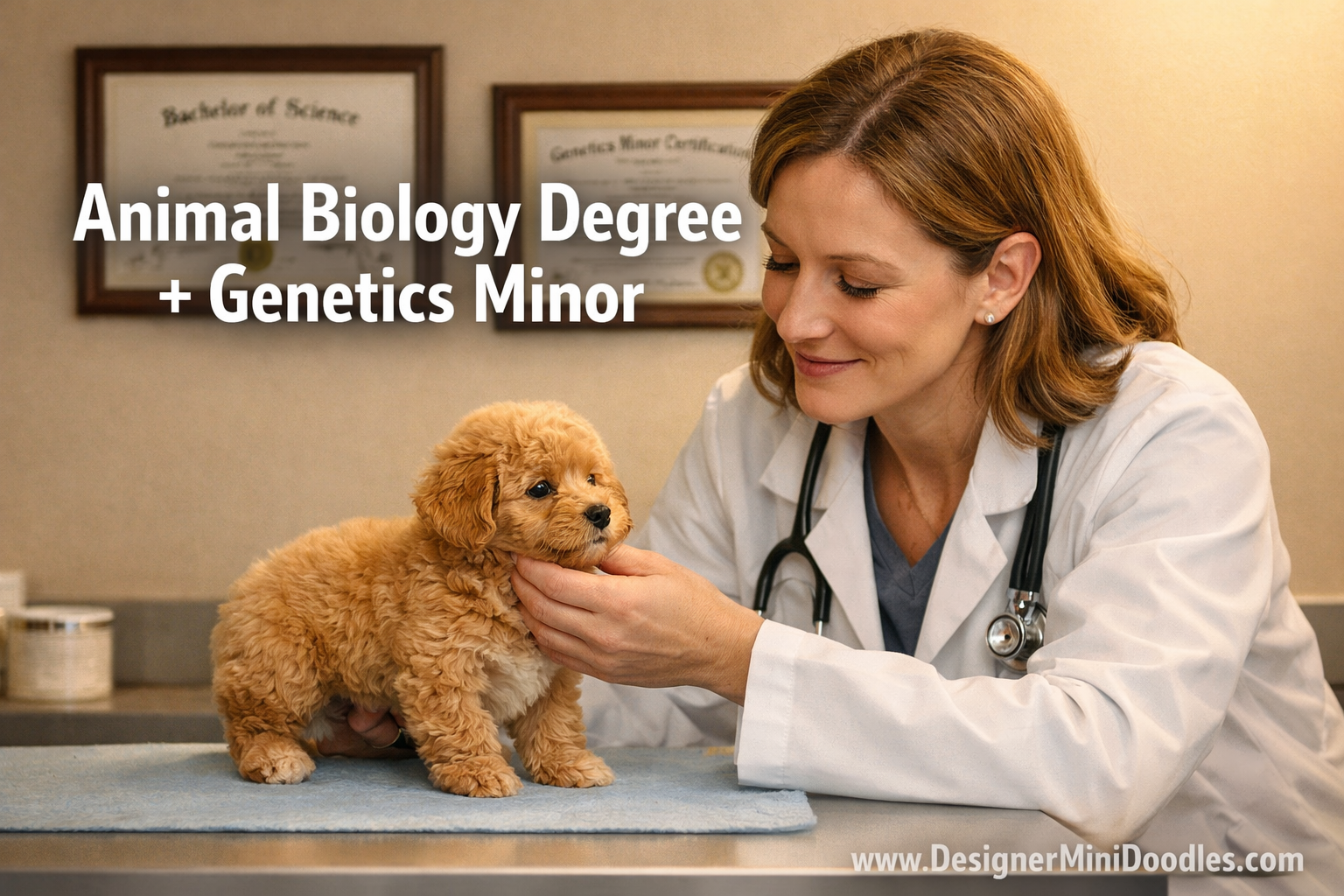 () showing a professional animal biologist in a clean lab coat examining a tiny fluffy apricot micro mini goldendoodle puppy