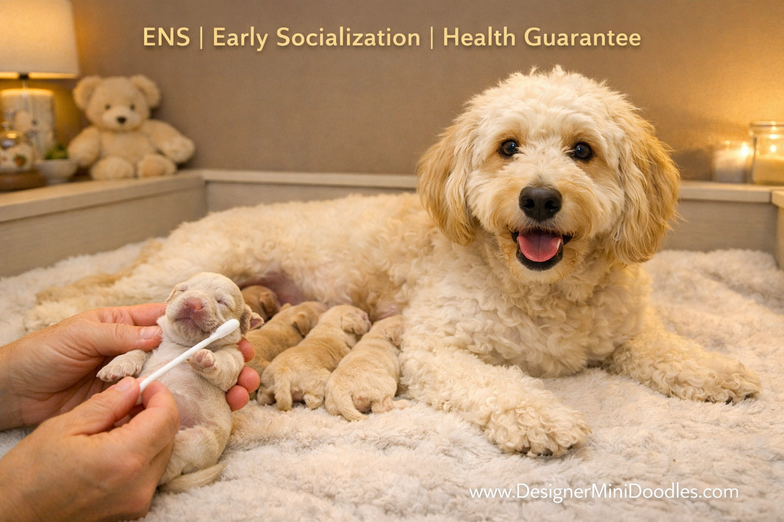 () showing a warm, bright whelping room with a mother goldendoodle nursing tiny newborn puppies on soft clean bedding. A