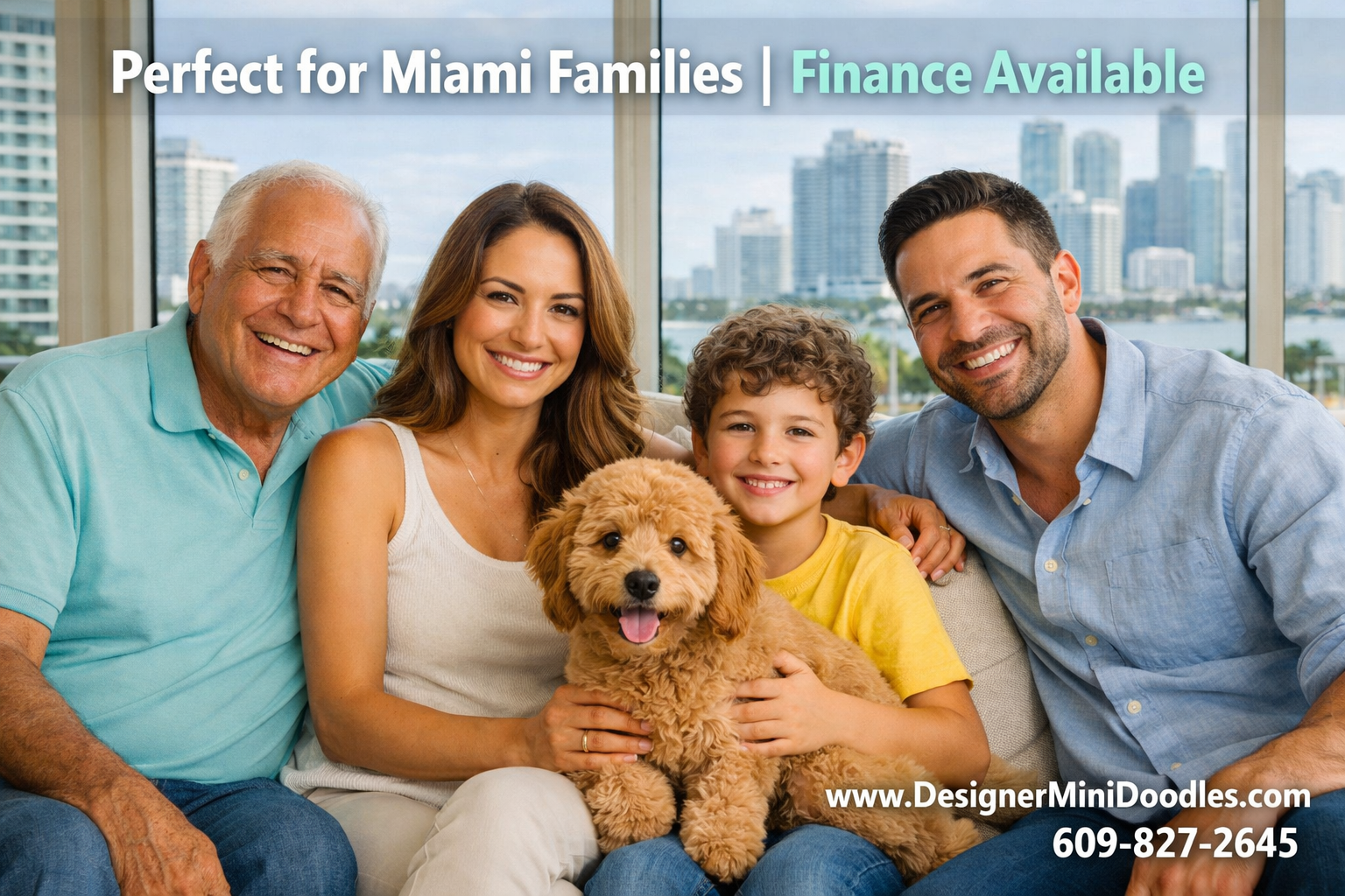 () showing a happy Miami family — parents, a child, and a senior grandparent — sitting in a bright modern Miami condo living