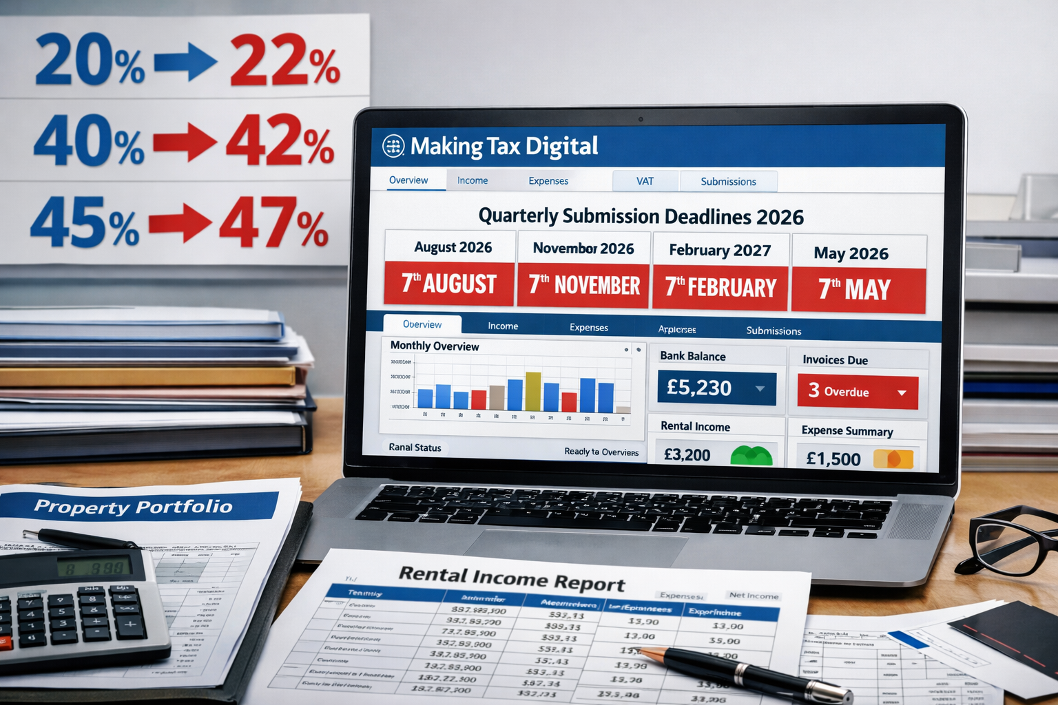 () editorial image showing detailed Making Tax Digital interface on laptop screen with HMRC quarterly submission calendar