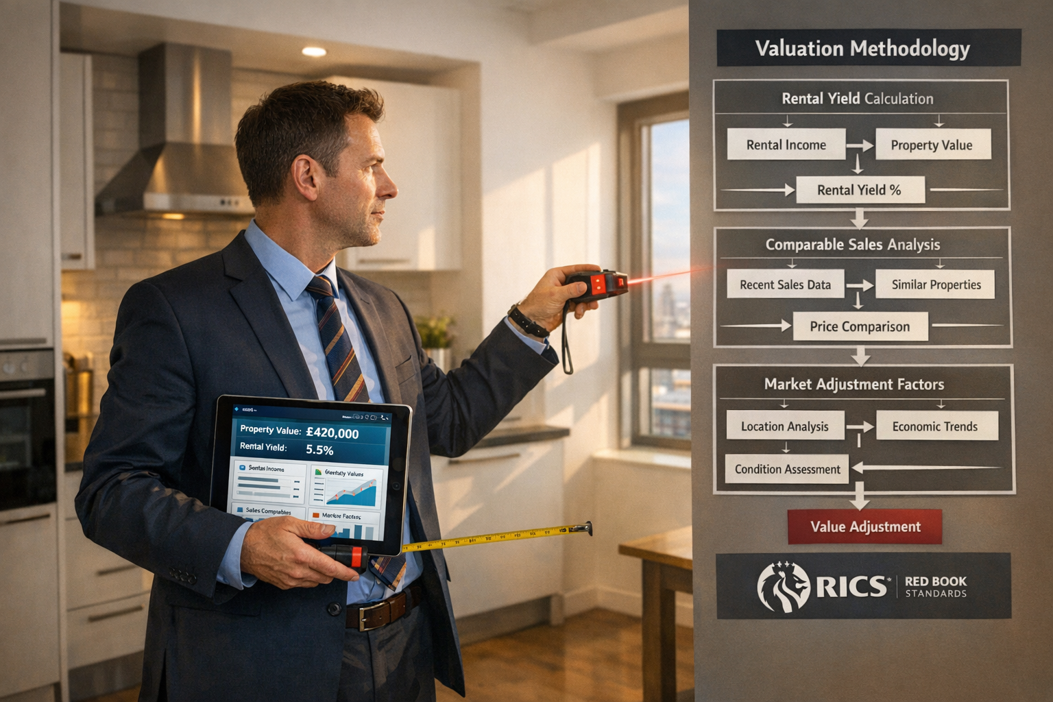 () professional surveyor conducting property valuation inspection inside modern London buy-to-let apartment, wearing