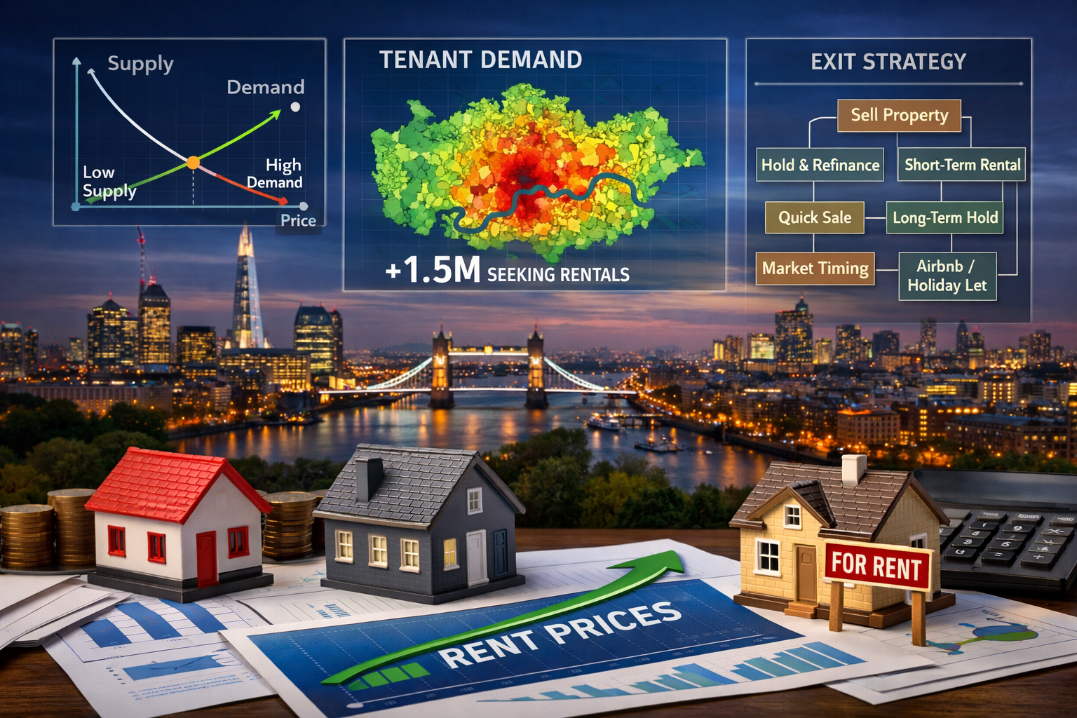 () strategic composition showing London rental market dynamics: foreground features miniature house models on financial
