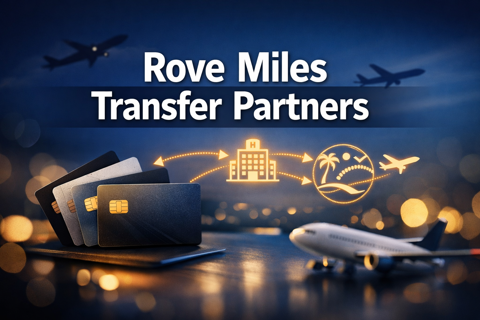 Professional landscape hero image (1536x1024) featuring bold text overlay 'Rove Miles Transfer Partners' in extra large 72pt white sans-seri