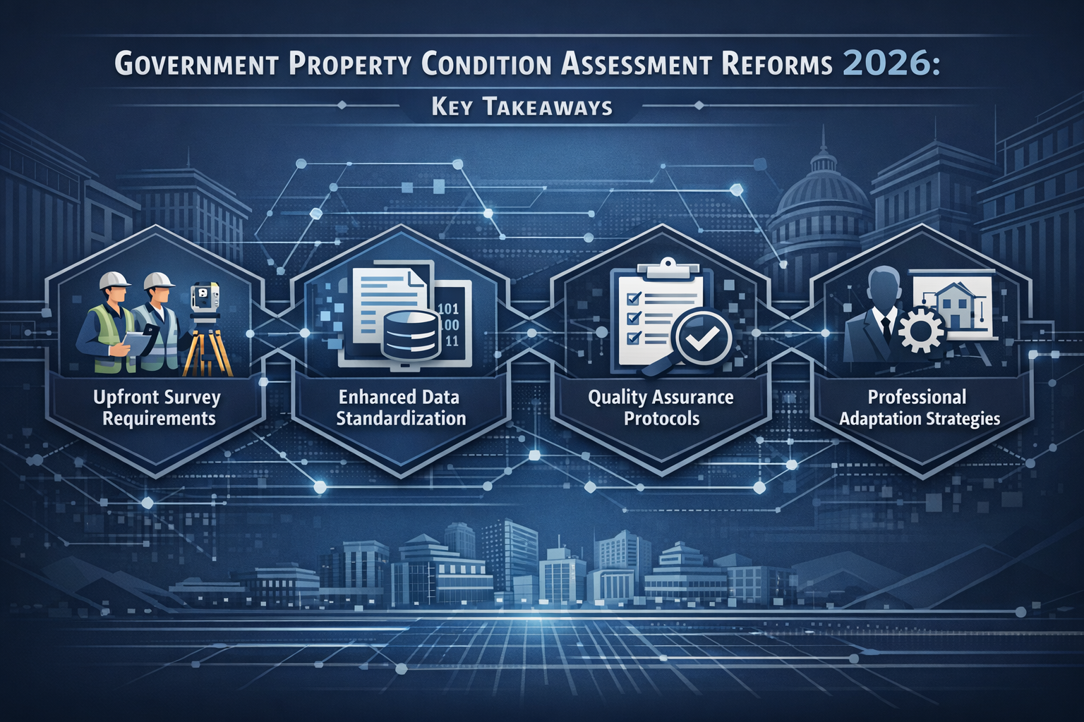 Key Takeaways infographic for Government Property Condition Assessment Reforms 2026, featuring a dynamic landscape-oriented visual with 4-5