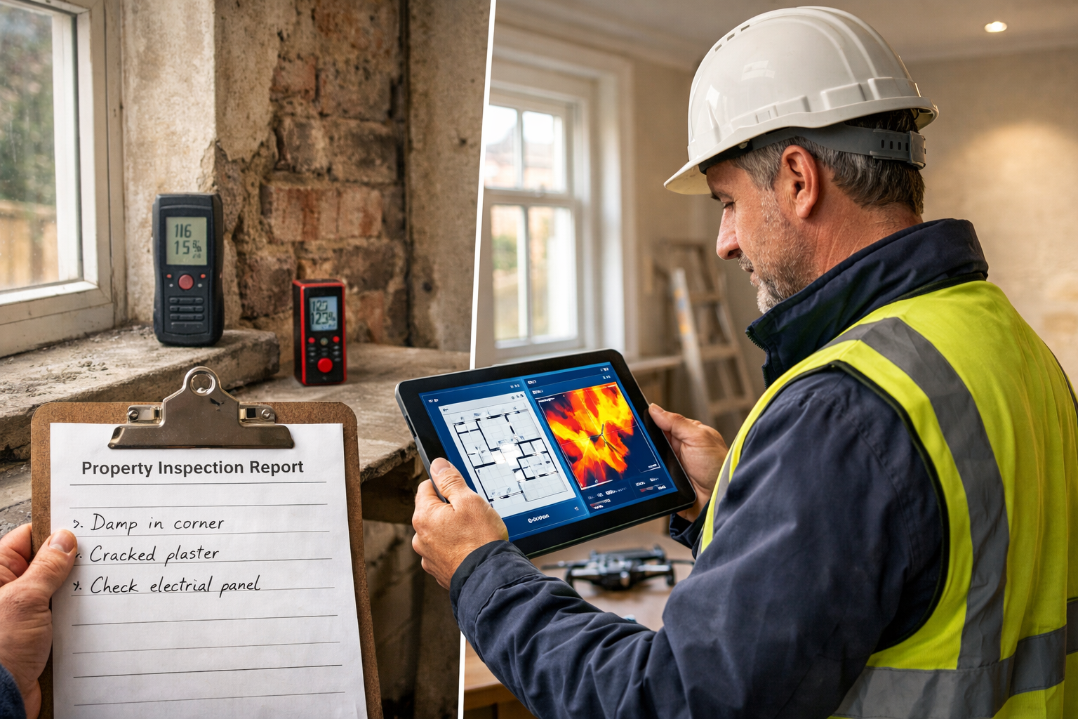 Landscape format (1536x1024) professional photograph of modern surveyor working with advanced technology during property condition assessmen