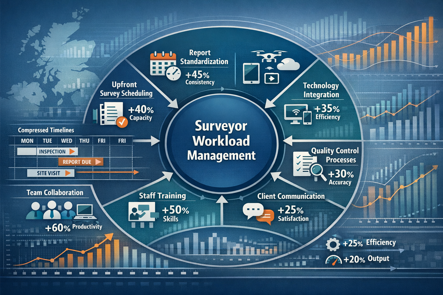 Landscape format (1536x1024) detailed workflow diagram showing surveyor capacity management and scheduling optimization for 2026 reforms. Ce