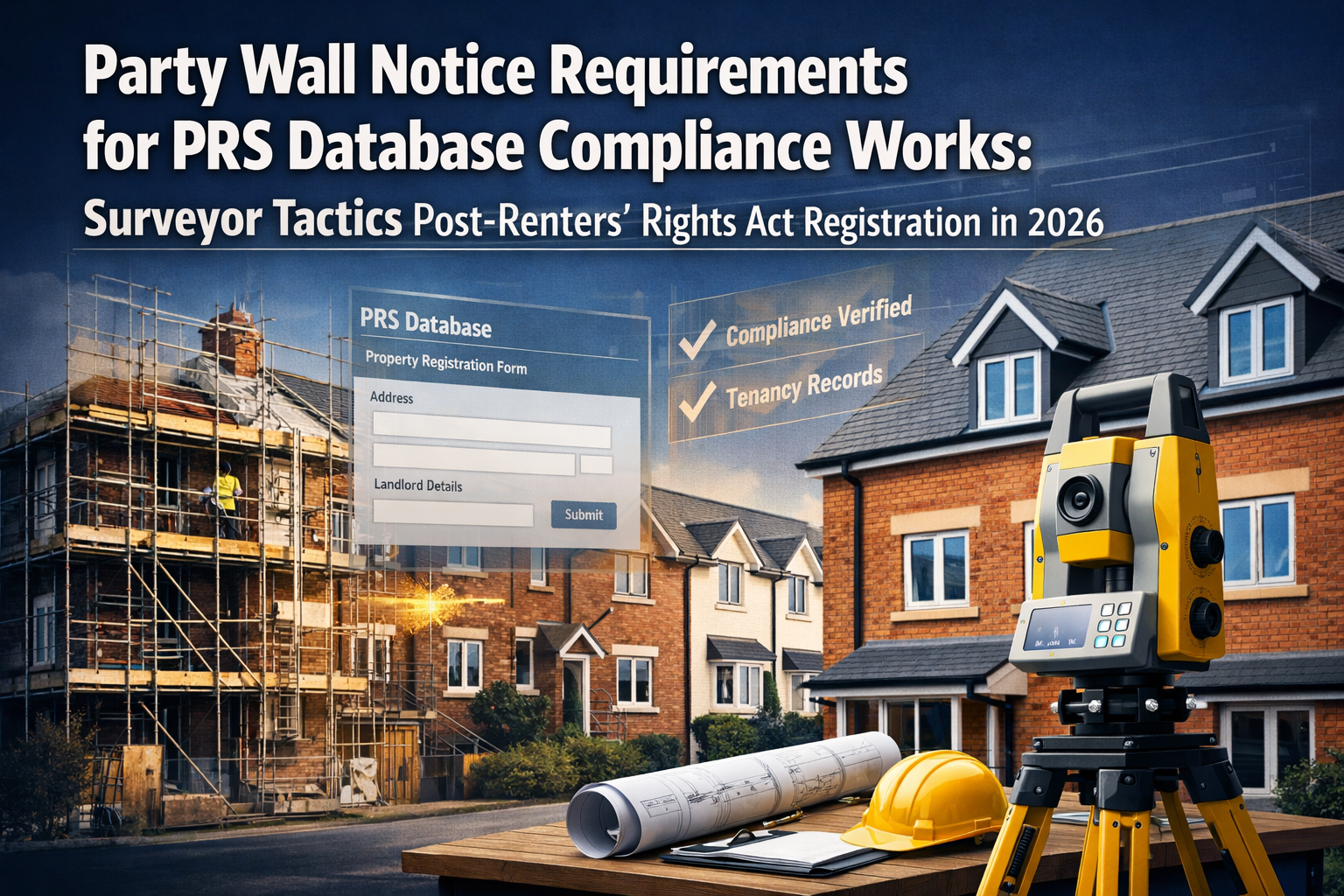 Professional () hero image with 'Party Wall Notice Requirements for PRS Database Compliance Works: Surveyor Tactics