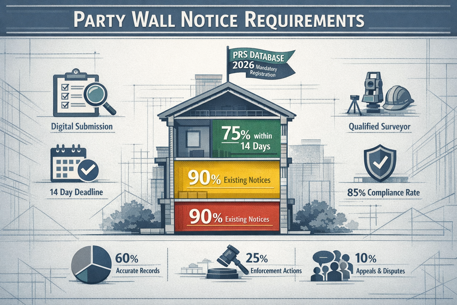 Infographic-style visual summary highlighting key takeaways for Party Wall Notice Requirements, featuring a clean, digital