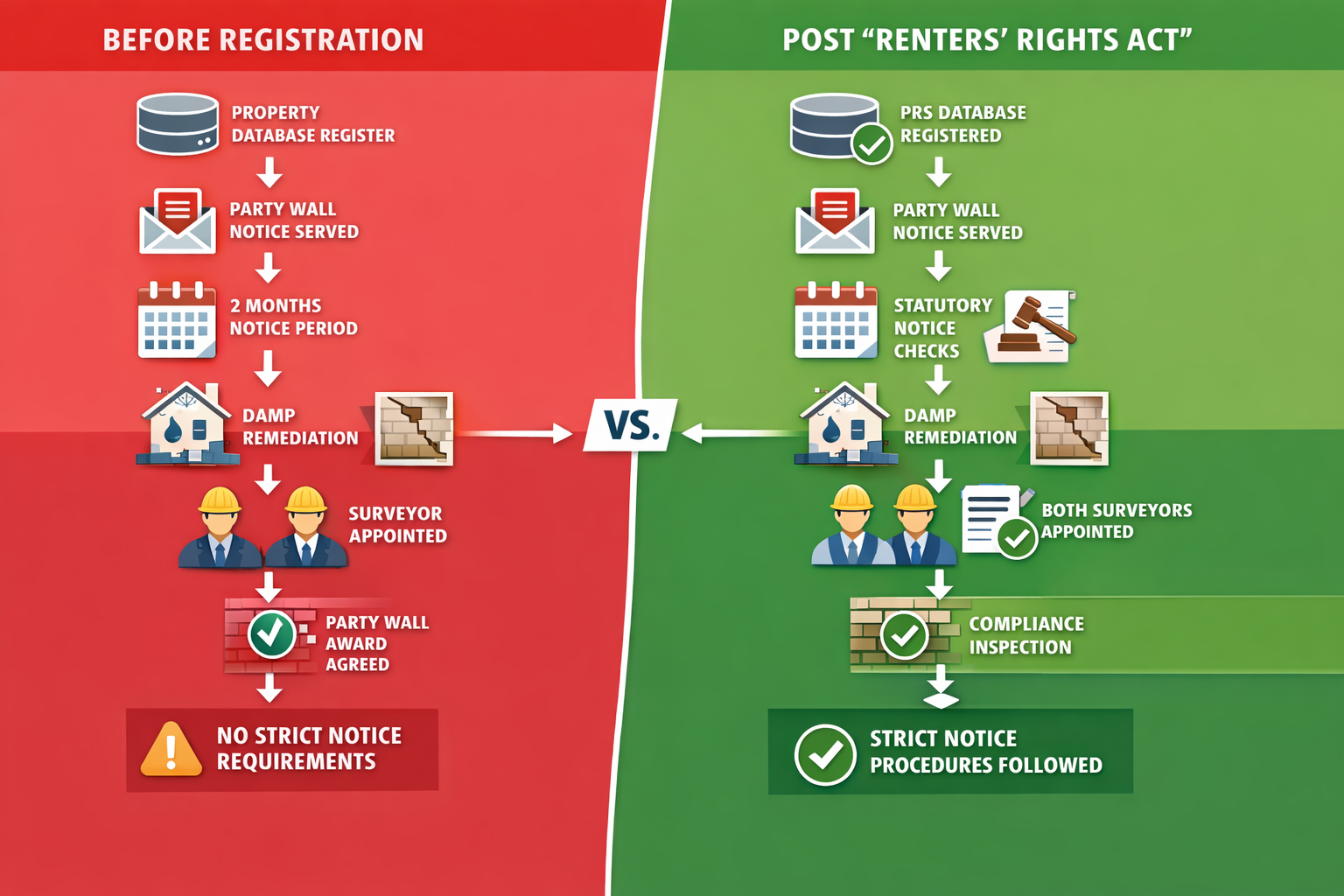 Comprehensive () infographic-style image displaying timeline flowchart of party wall notice process for PRS compliance
