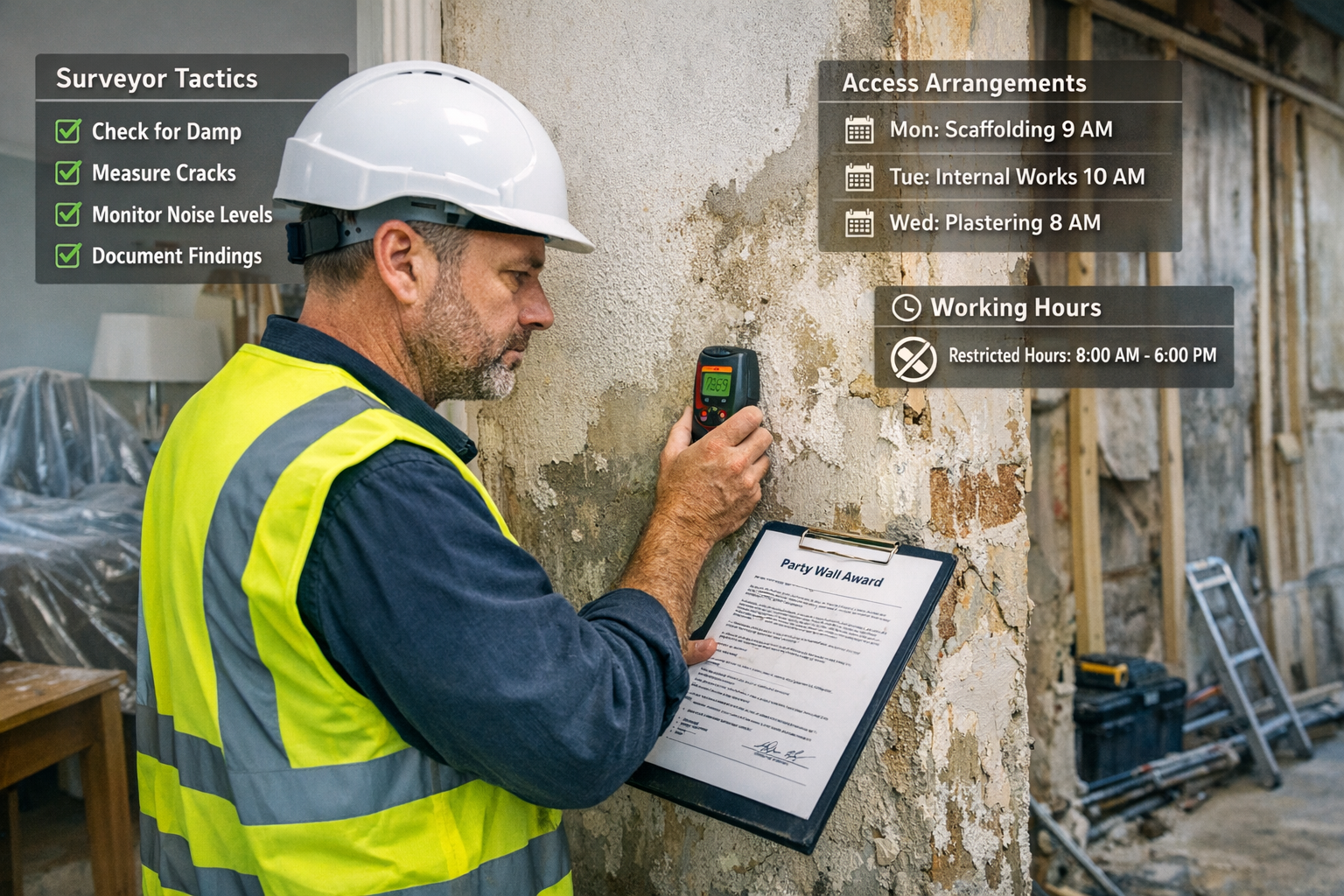 Detailed () image of professional RICS party wall surveyor conducting inspection at shared wall between rental properties,