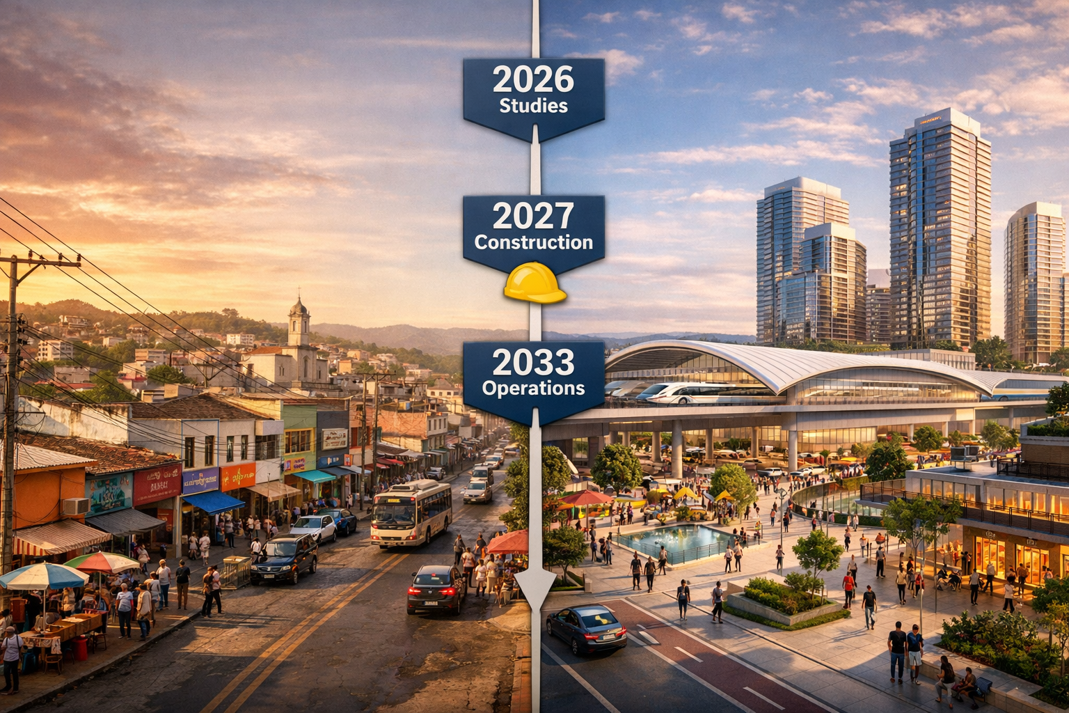 Detailed () split-screen comparison image showing transformation of intermediate corridor city. Left side: current state