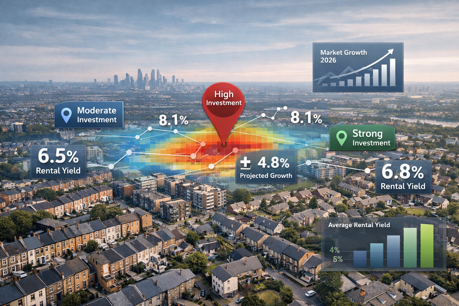 Panoramic landscape visualization of UK urban and suburban property market for 2026, featuring aerial drone perspective showing diverse prop