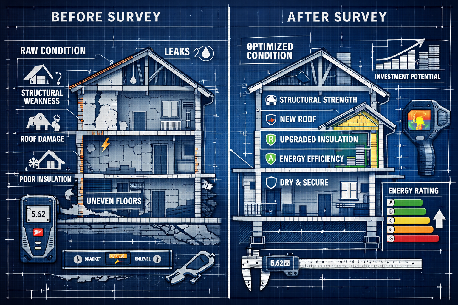 Technical building survey illustration demonstrating comprehensive property assessment methodology, split-screen composition showing before/