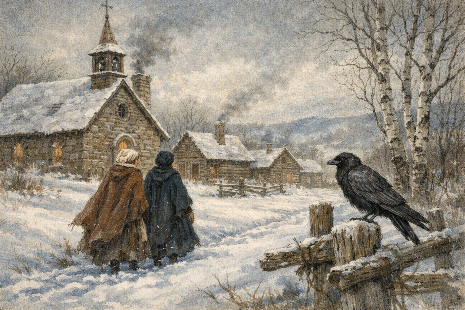 Detailed landscape format (1536x1024) atmospheric scene of a small snow-covered 17th-century Montreal settlement with rough-hewn log cabins,