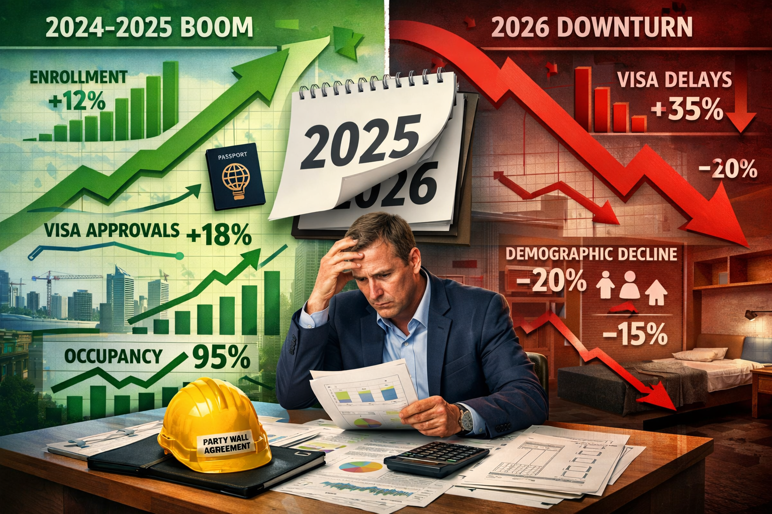 Detailed landscape format (1536x1024) image showing split-screen composition of student housing market volatility. Left side displays upward