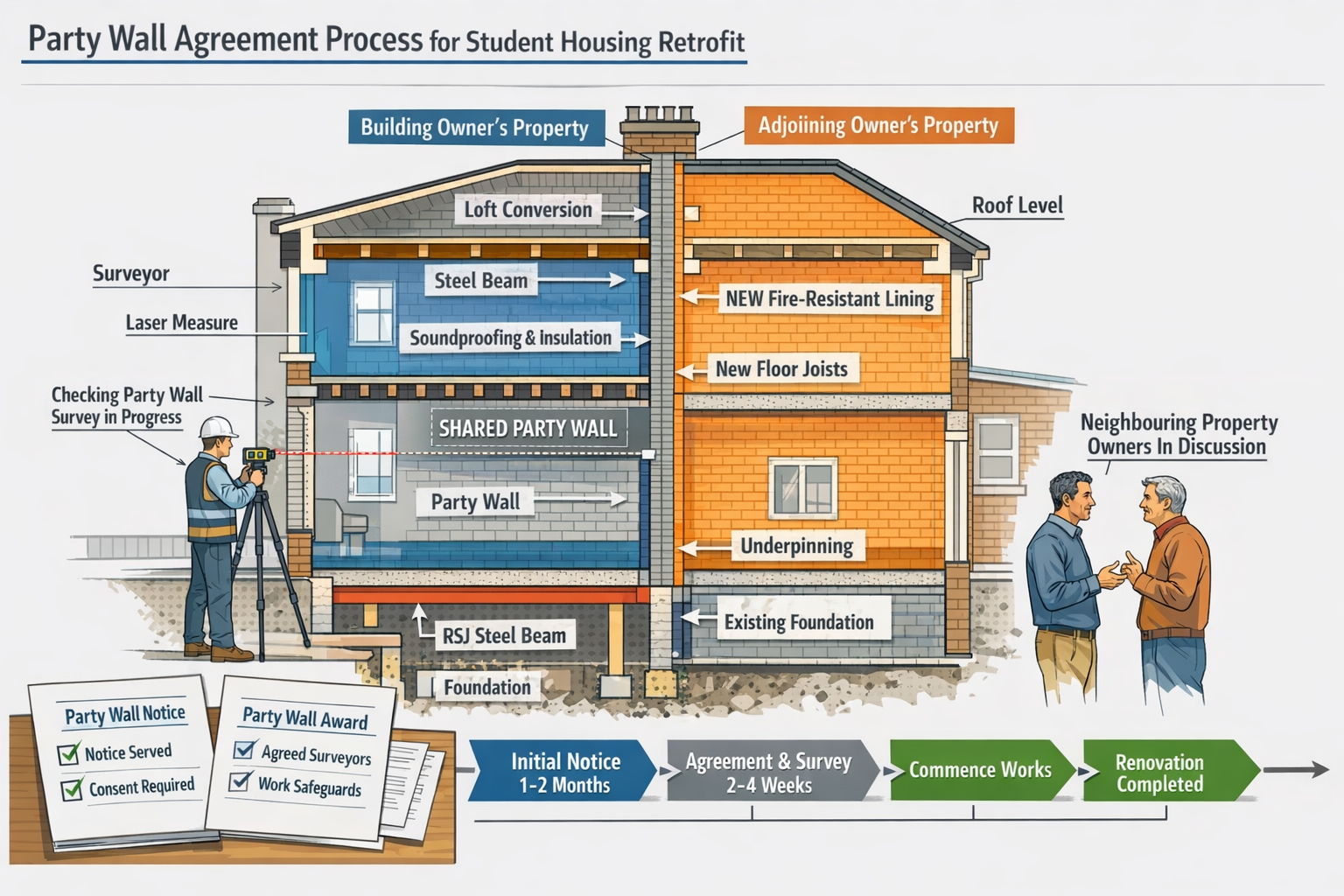 Detailed landscape format (1536x1024) technical illustration of party wall agreement process for student housing retrofit project. Shows cut