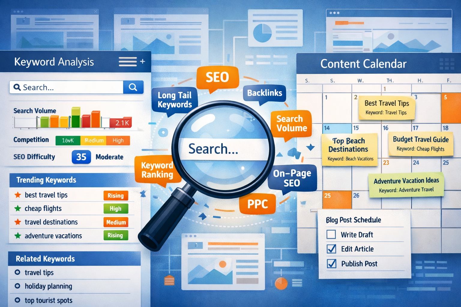 Detailed landscape format (1536x1024) illustration showing keyword research process with split-screen composition. Left side displays colorful keyword research tool interface with search volume bars, competition metrics, and trending keywords highlighted. Right side shows content calendar with blog post titles mapped to target keywords. Center features magnifying glass over search bar with popular SEO terms floating around. Background includes subtle website wireframes and content clusters. Professional blue and orange color scheme with clean typography and data visualization elements.