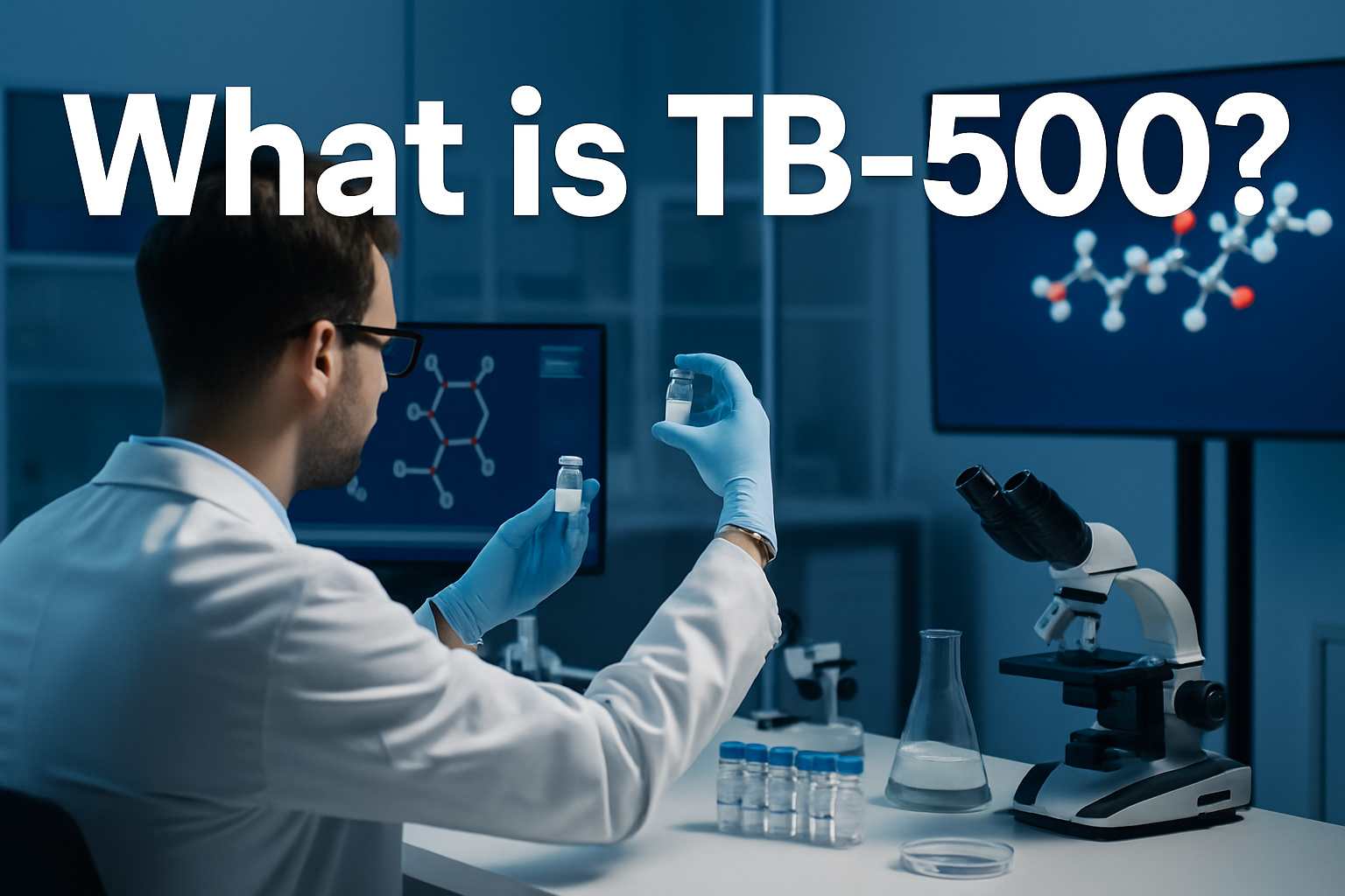 Professional landscape laboratory hero image (1536x1024) featuring bold text overlay 'What is TB-500?' in extra large 70pt white sans-serif 