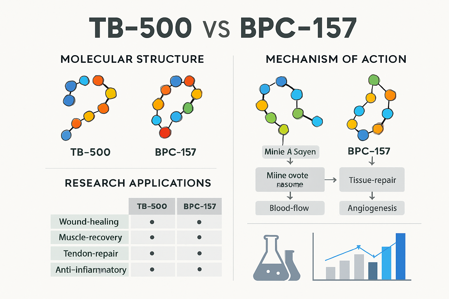 Comparison infographic displaying TB-500 versus BPC-157 peptides side by side, molecular structure differences, mechanism of action flowchar