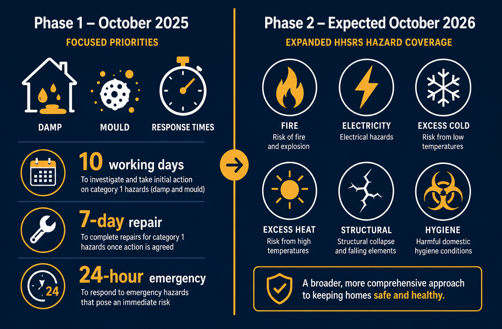 Detailed () infographic-style illustration showing a split timeline: left side labelled 'Phase 1 β October 2025' with icons