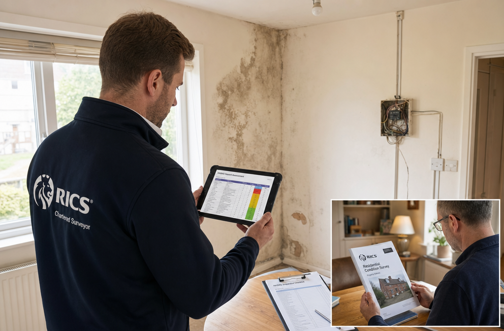 Detailed () scene showing a RICS chartered surveyor in professional attire conducting an HHSRS hazard assessment inside a