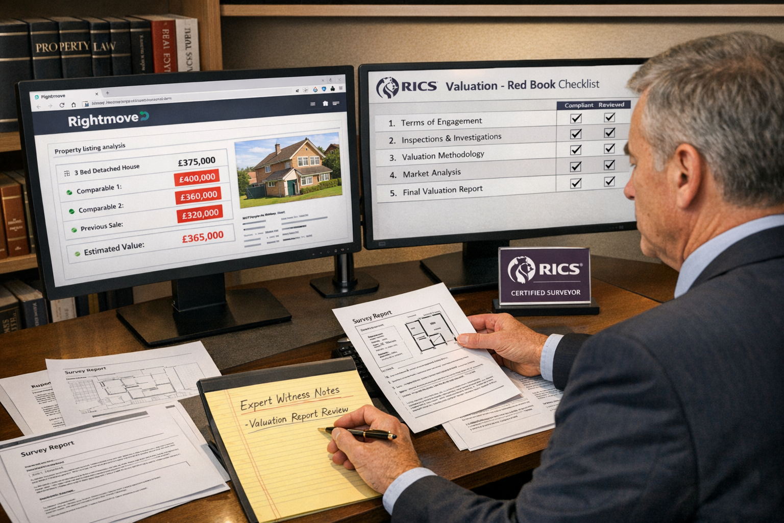 Detailed () image showing professional chartered surveyor in business attire examining property documentation at modern desk