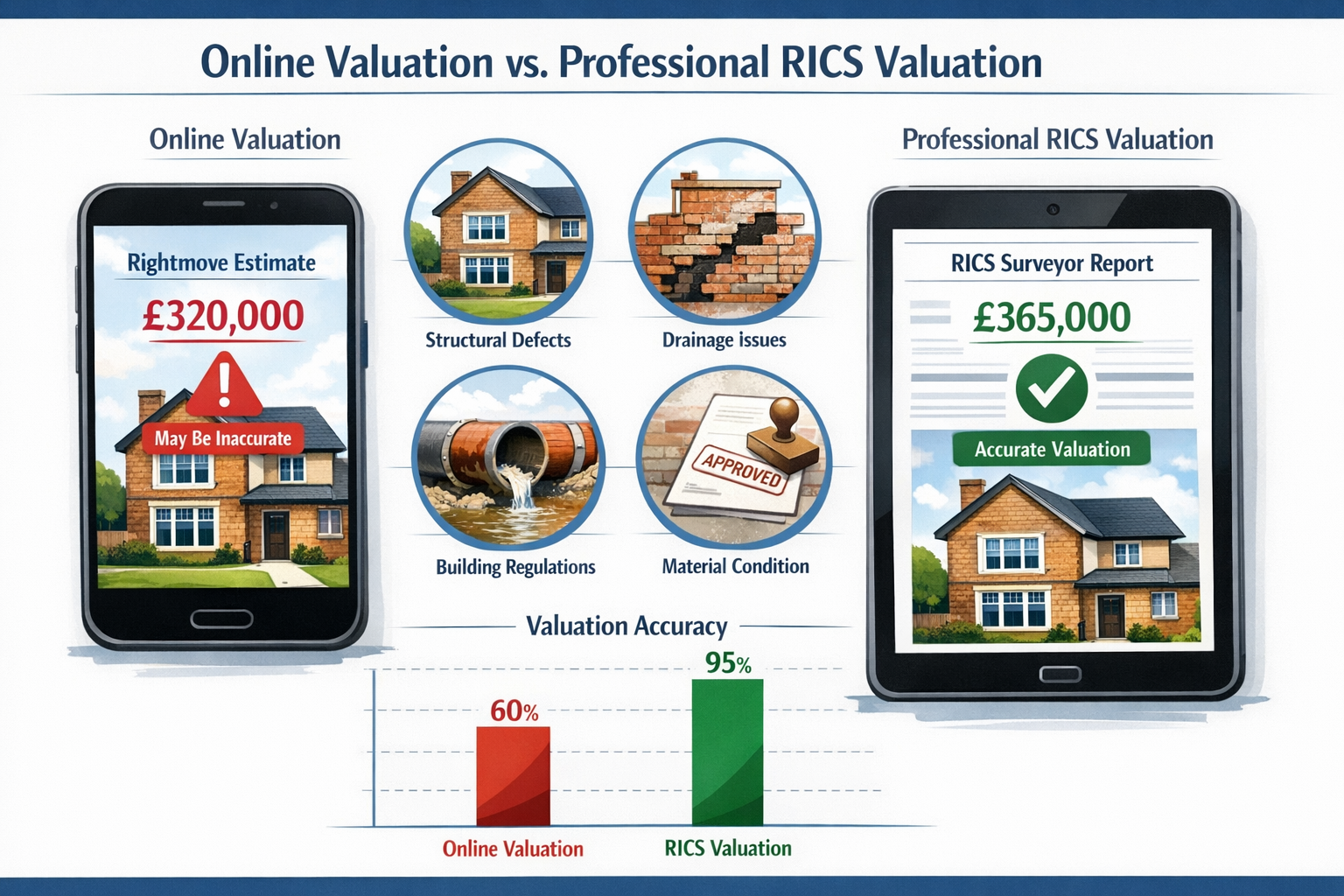 Wide () infographic-style illustration displaying comparison chart of online valuation accuracy versus professional RICS